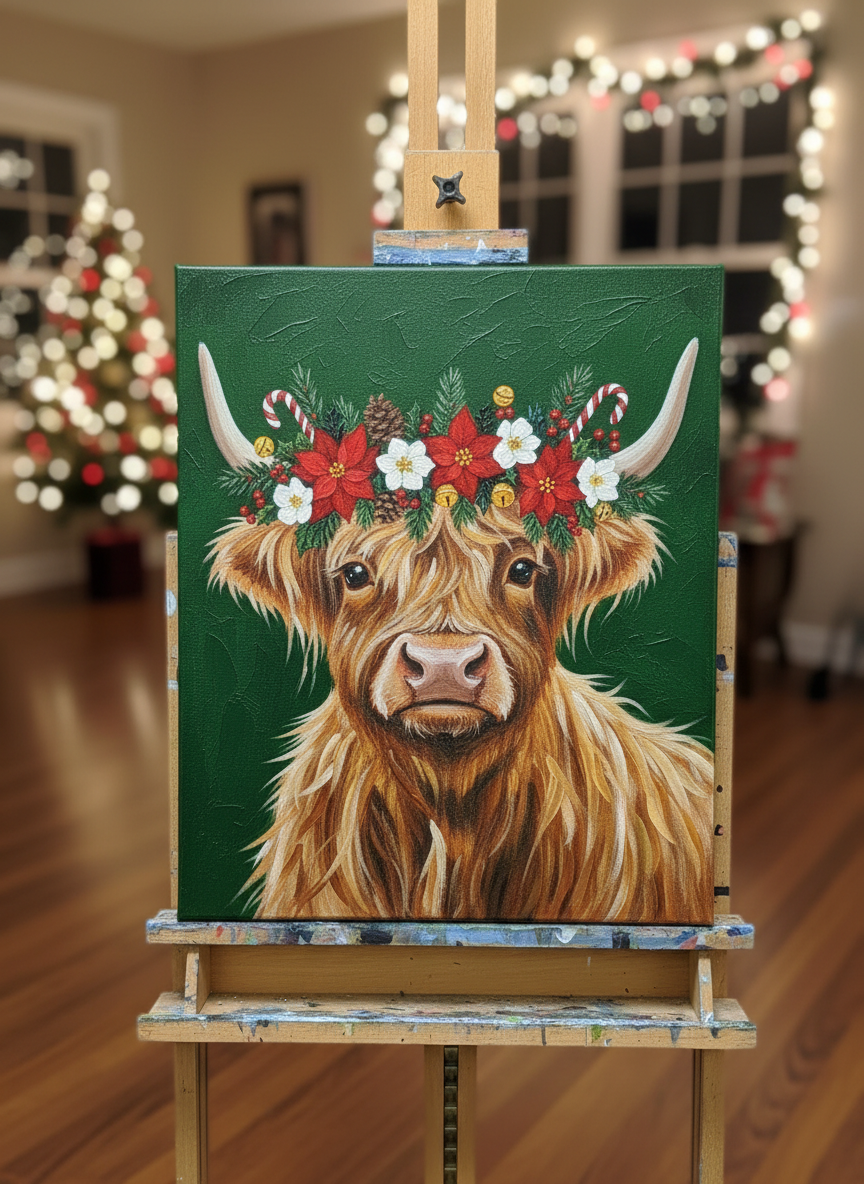 Christmas Highland Cow Easel - Corrected
